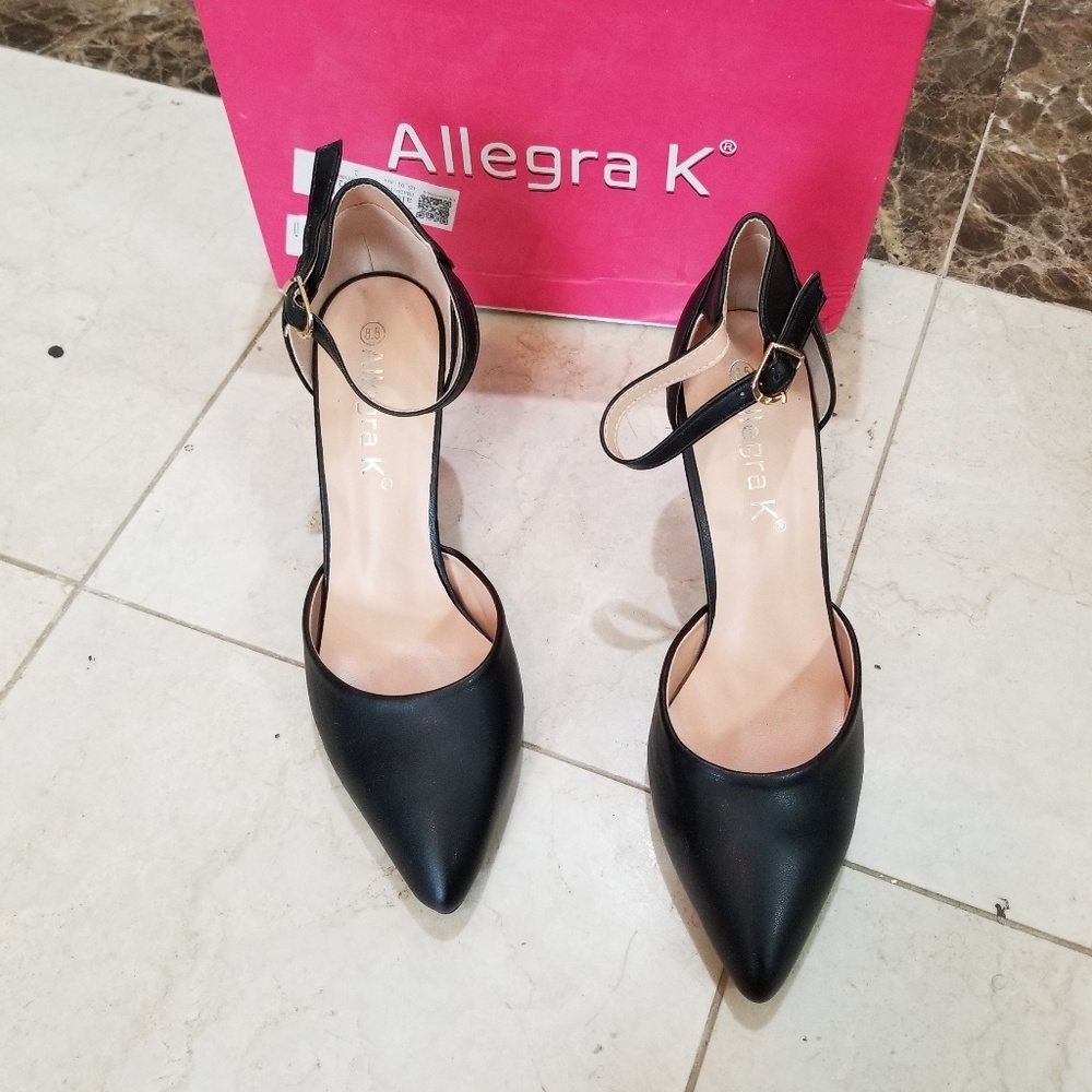 Black leather ankle strap heel